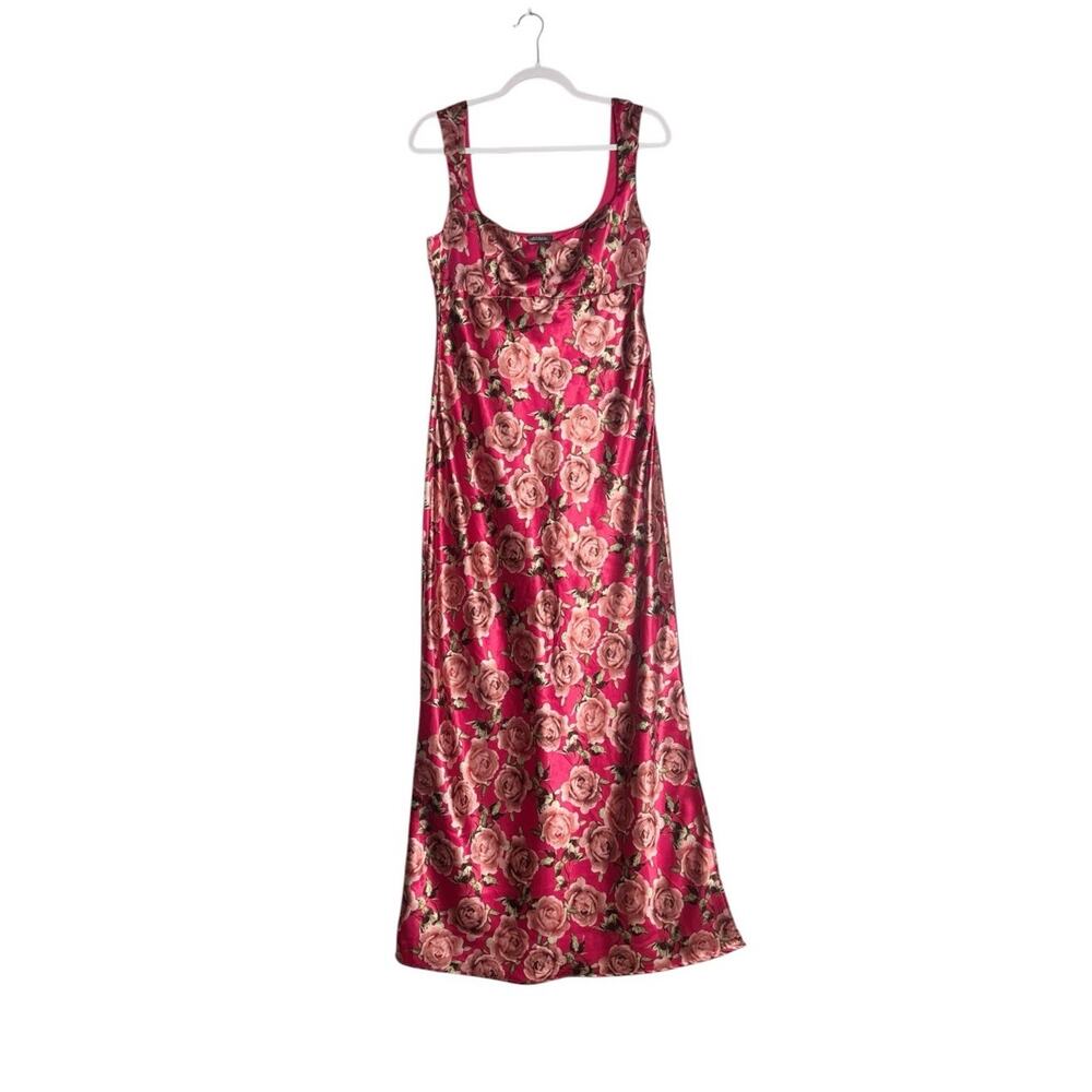 Floral Satin Maxi Slip Dress Romantic Coquette Pink Rose Print Y2K Womens Size M